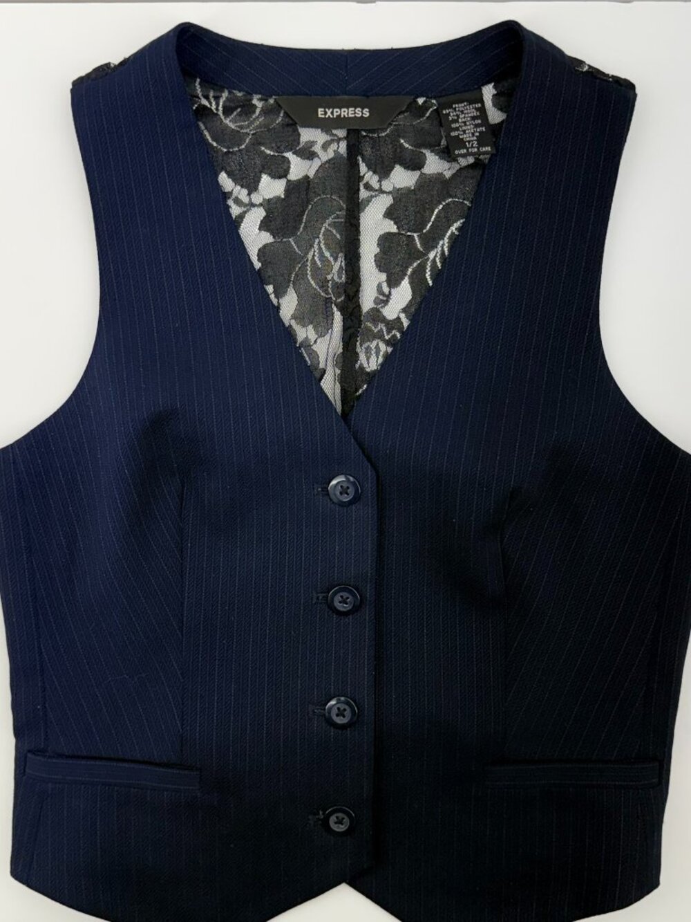 Express Dark Blue Lace Back Vest Womens Tailored Button Sz 1/2